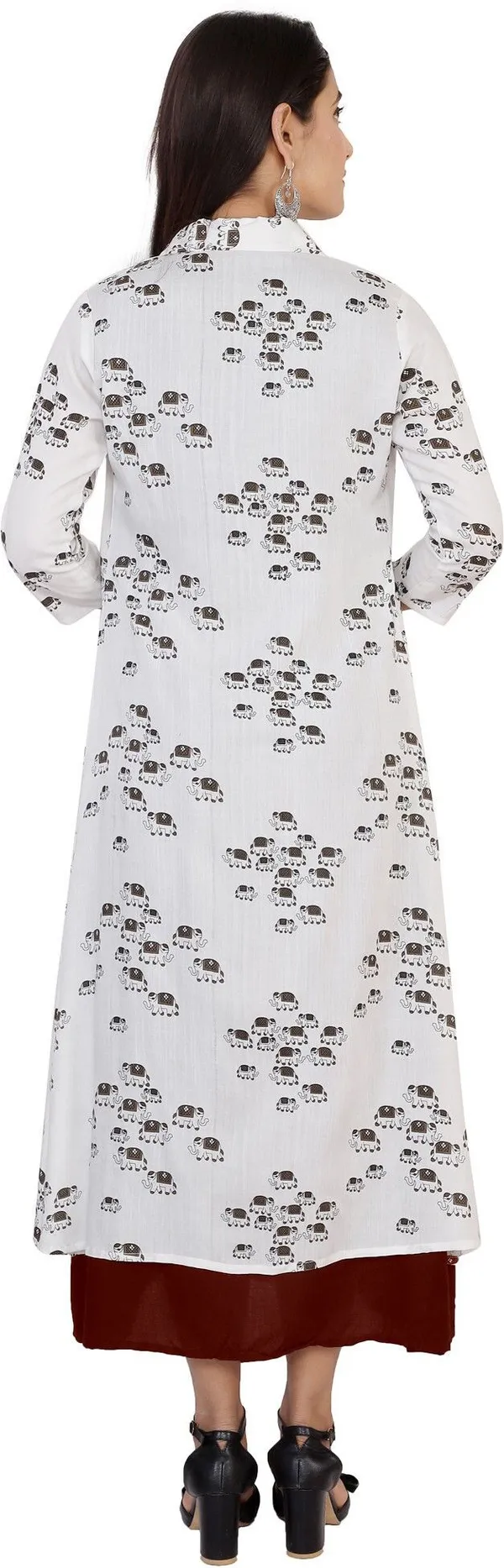 Brown_Printed_Asymmetric_Kurta_With_Shrug_For_Women