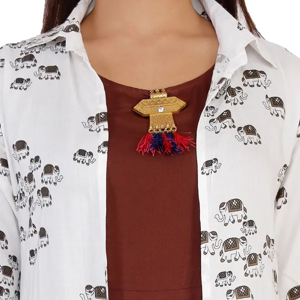 Brown_Printed_Asymmetric_Kurta_With_Shrug_For_Women