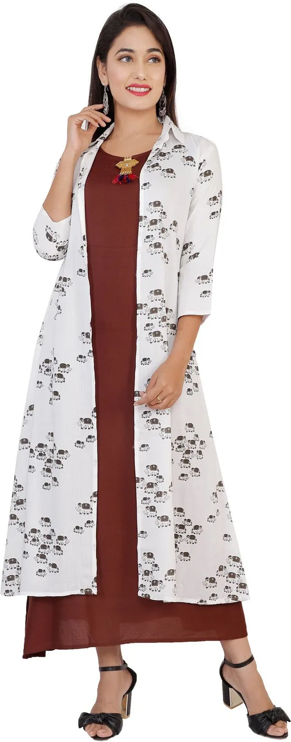 Brown_Printed_Asymmetric_Kurta_With_Shrug_For_Women