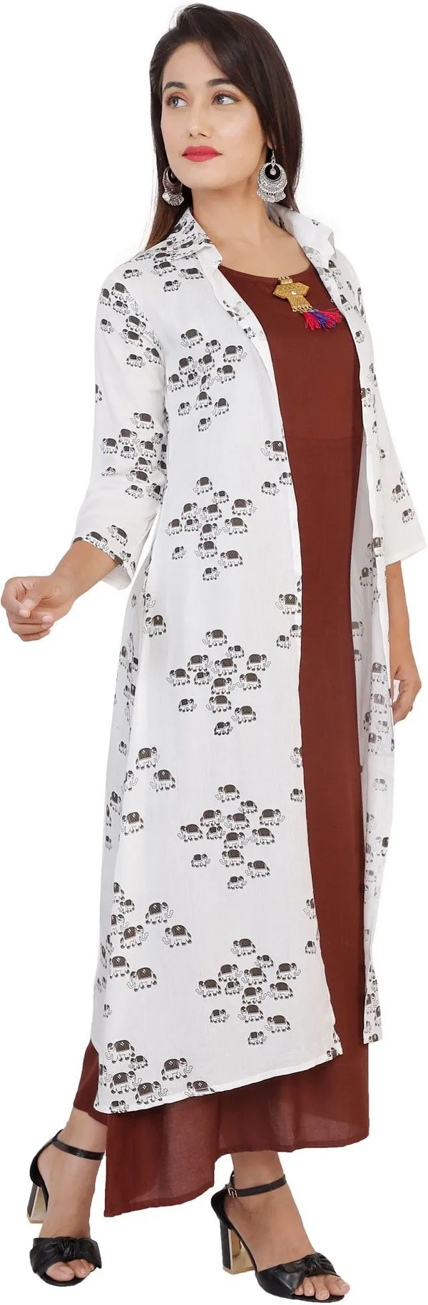 Brown_Printed_Asymmetric_Kurta_With_Shrug_For_Women