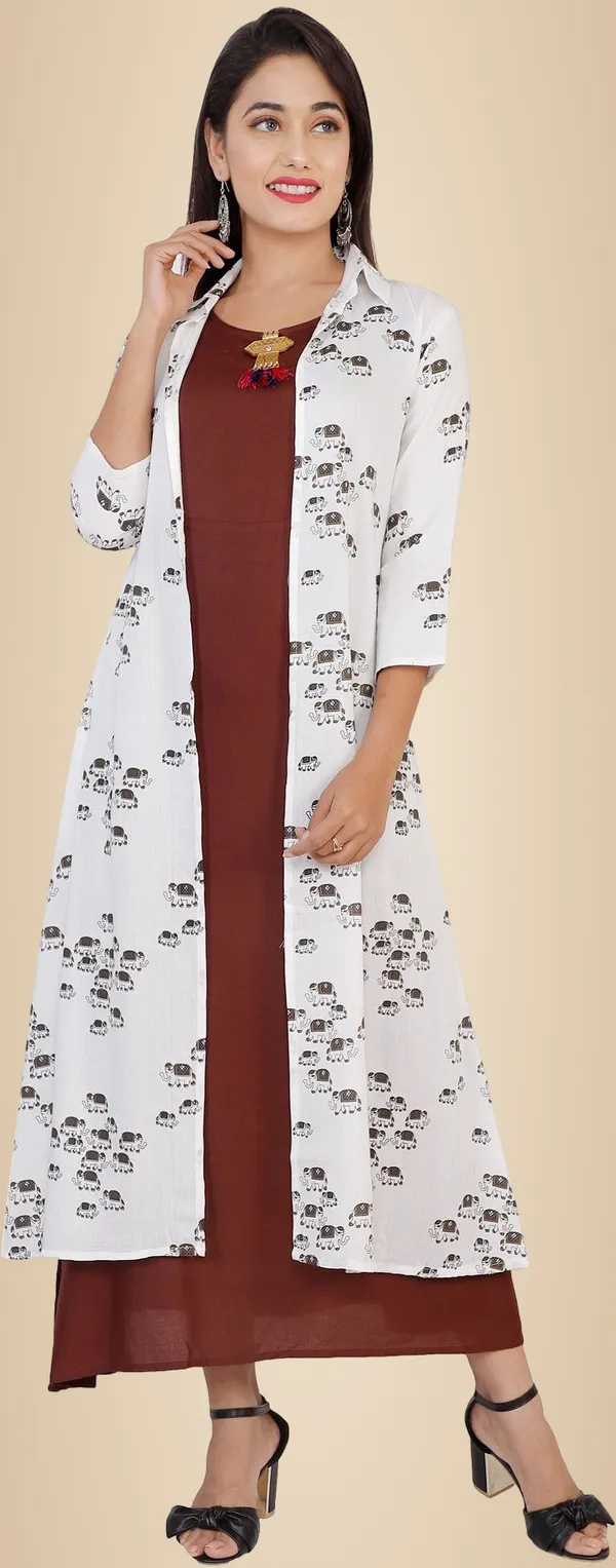 Brown_Printed_Asymmetric_Kurta_With_Shrug_For_Women