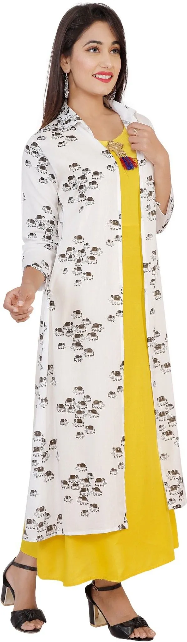 Yellow_Printed_Asymmetric_Kurta_With_Shrug_For_Women