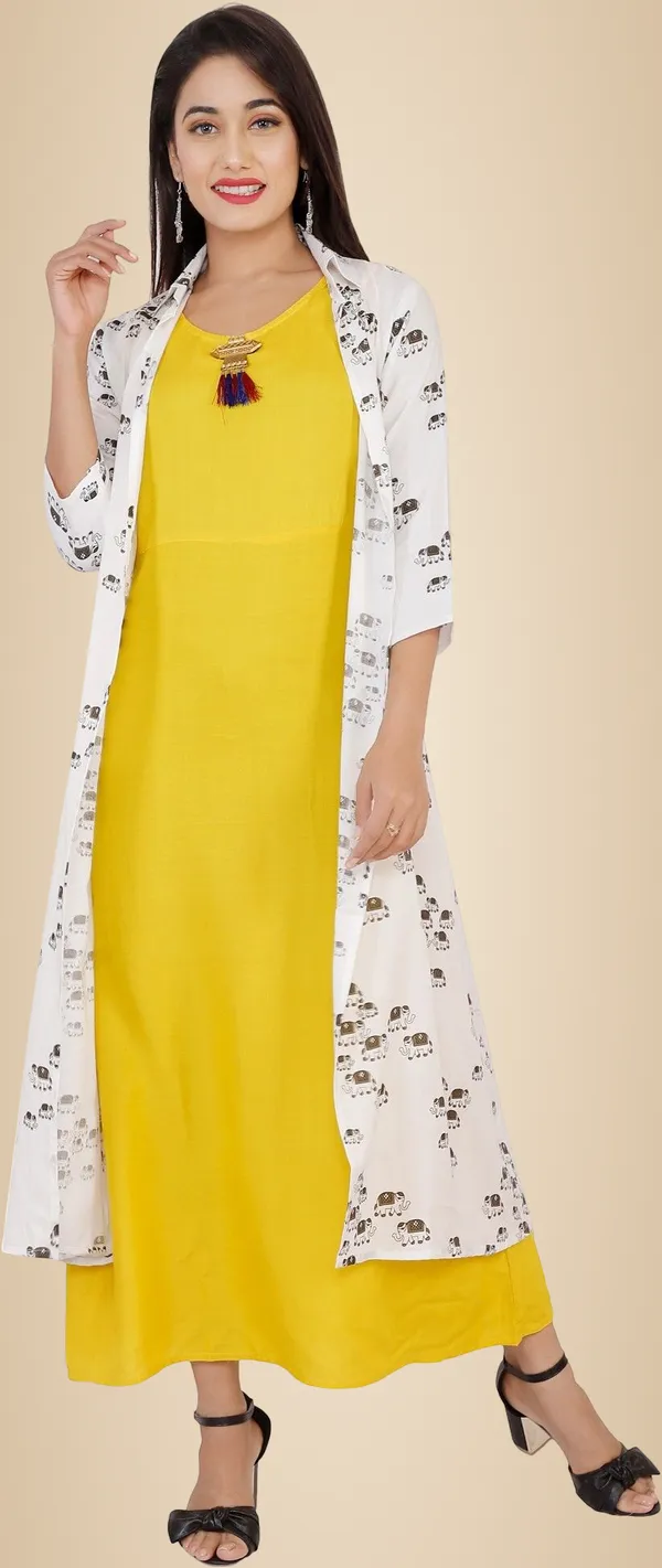 Yellow_Printed_Asymmetric_Kurta_With_Shrug_For_Women