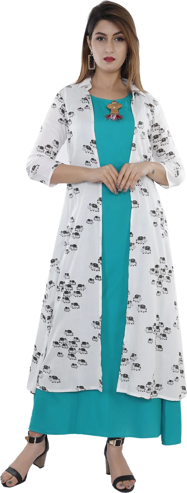 Light_Blue_Printed_A-Line_Kurta_With_Shrug_For_Women