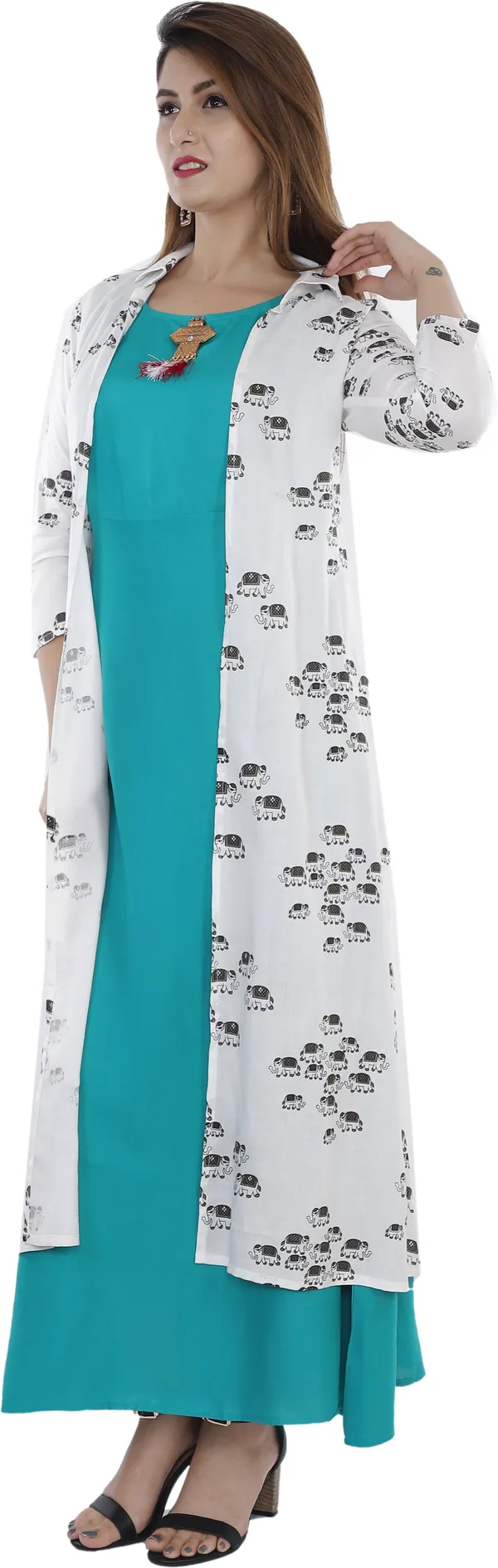 Light_Blue_Printed_A-Line_Kurta_With_Shrug_For_Women