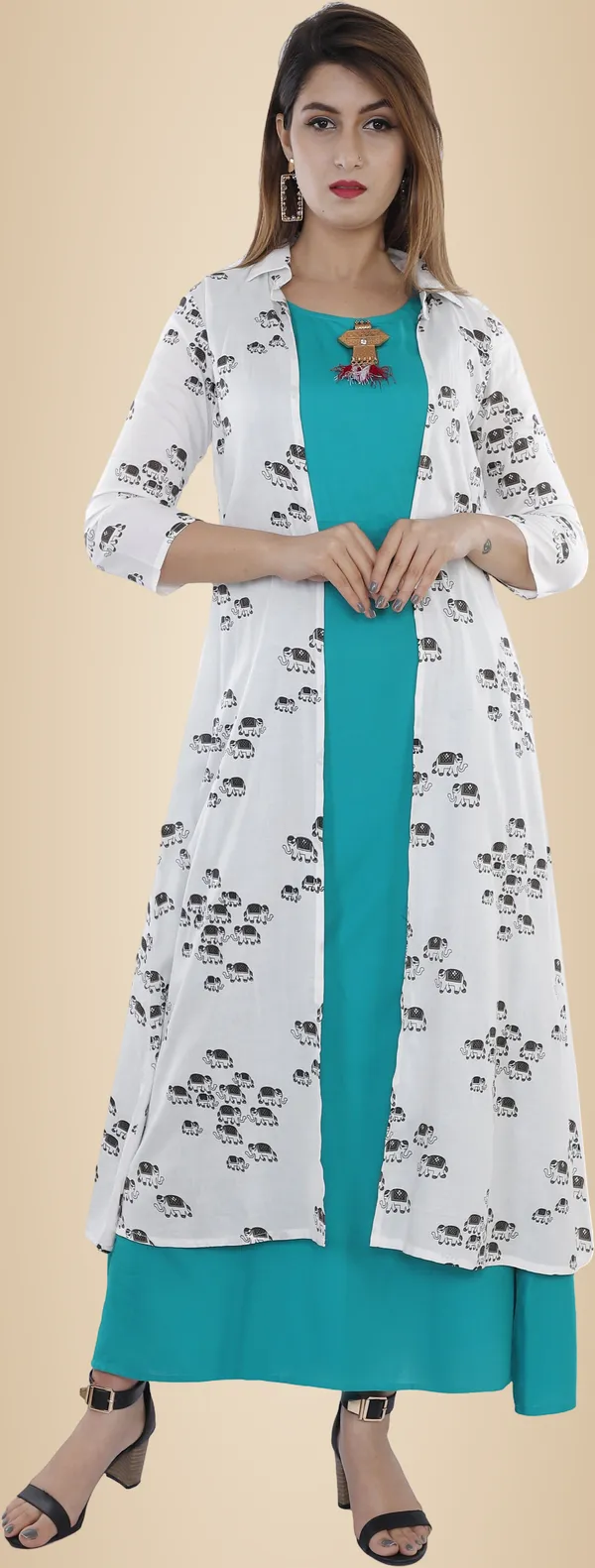 Light_Blue_Printed_A-Line_Kurta_With_Shrug_For_Women