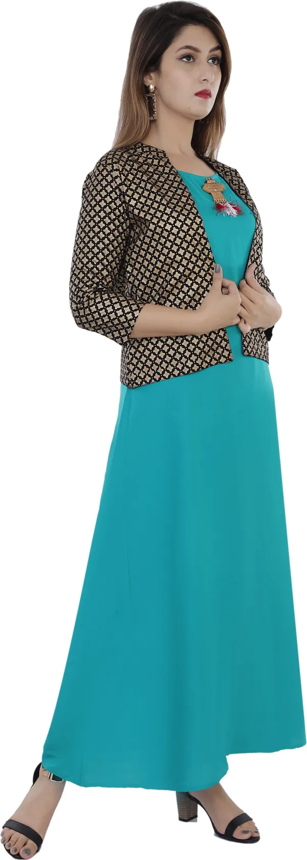Blue_Printed_Asymmetric_Kurta_With_Shrug_For_Women