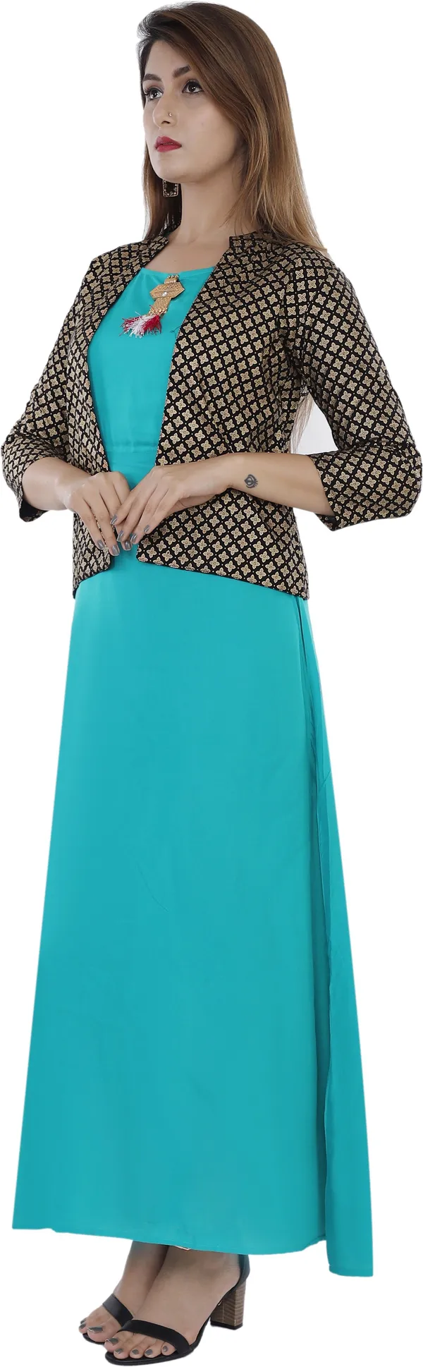 Blue_Printed_Asymmetric_Kurta_With_Shrug_For_Women