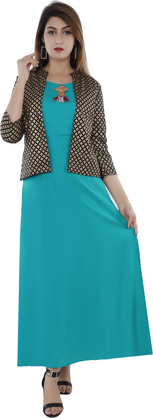Blue_Printed_Asymmetric_Kurta_With_Shrug_For_Women