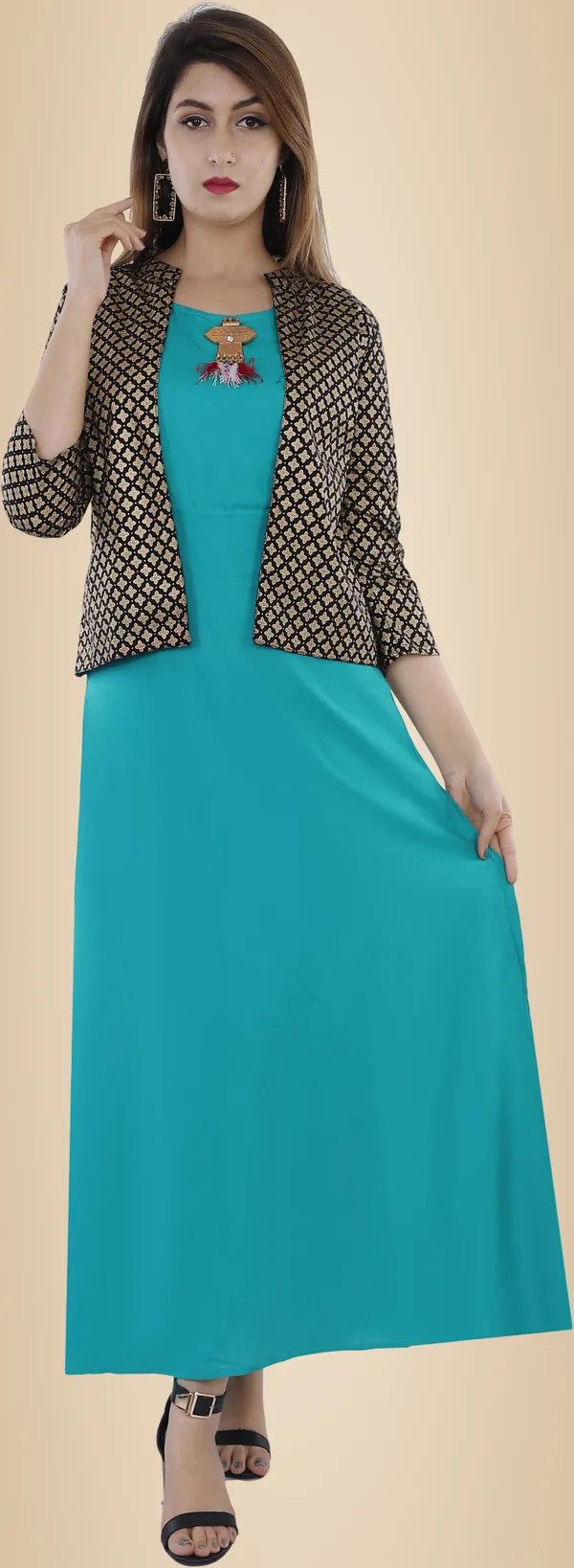 Blue_Printed_Asymmetric_Kurta_With_Shrug_For_Women