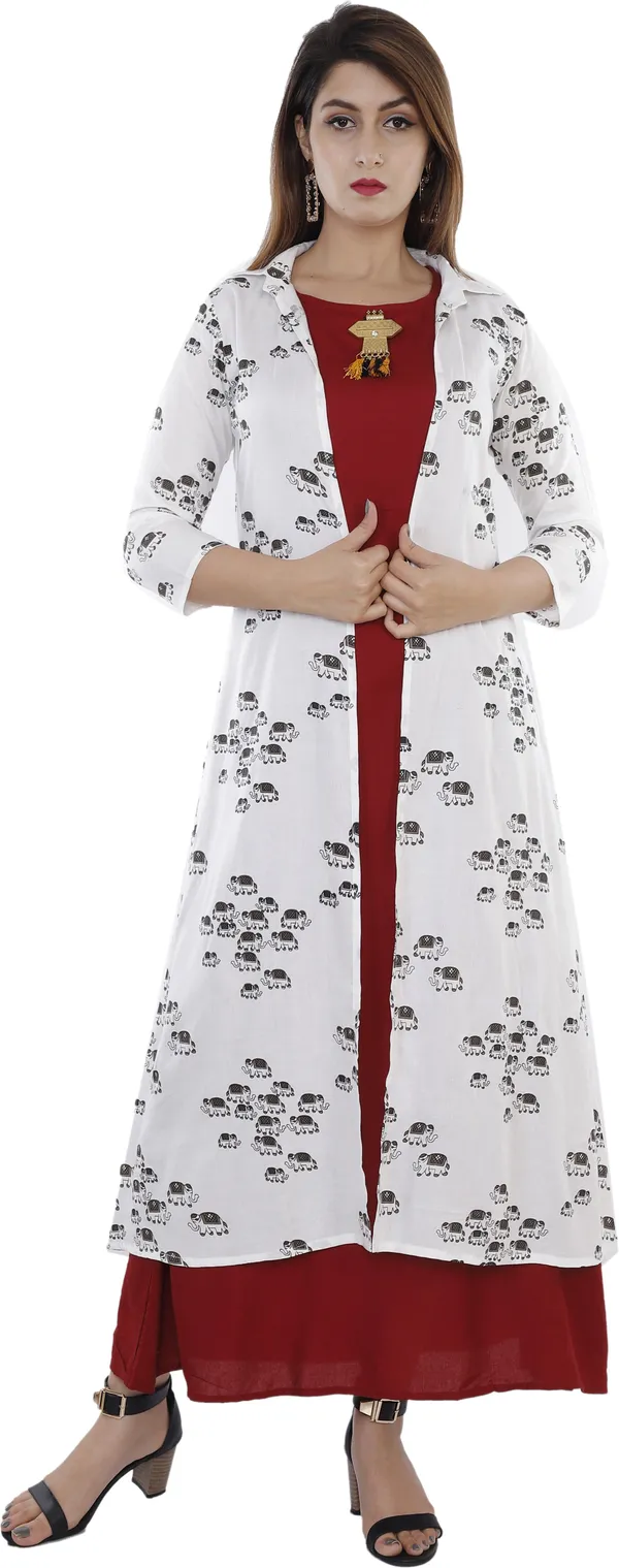 Maroon_Printed_A-Line_Kurta_With_Shrug_For_Women
