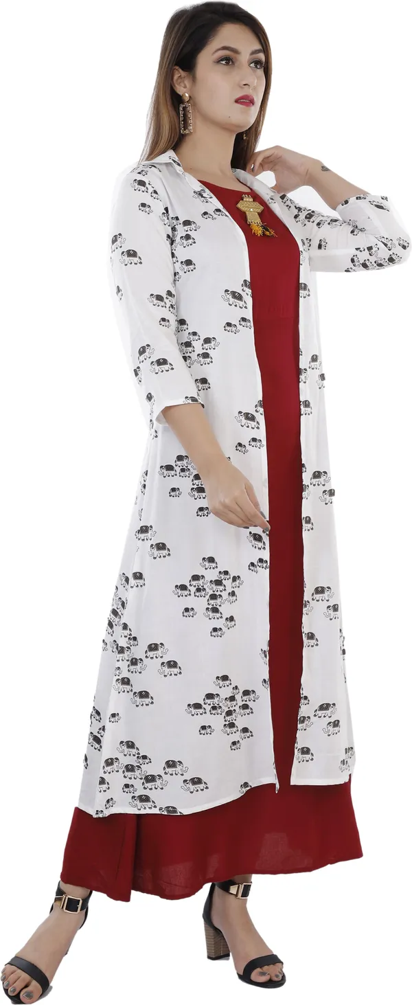 Maroon_Printed_A-Line_Kurta_With_Shrug_For_Women