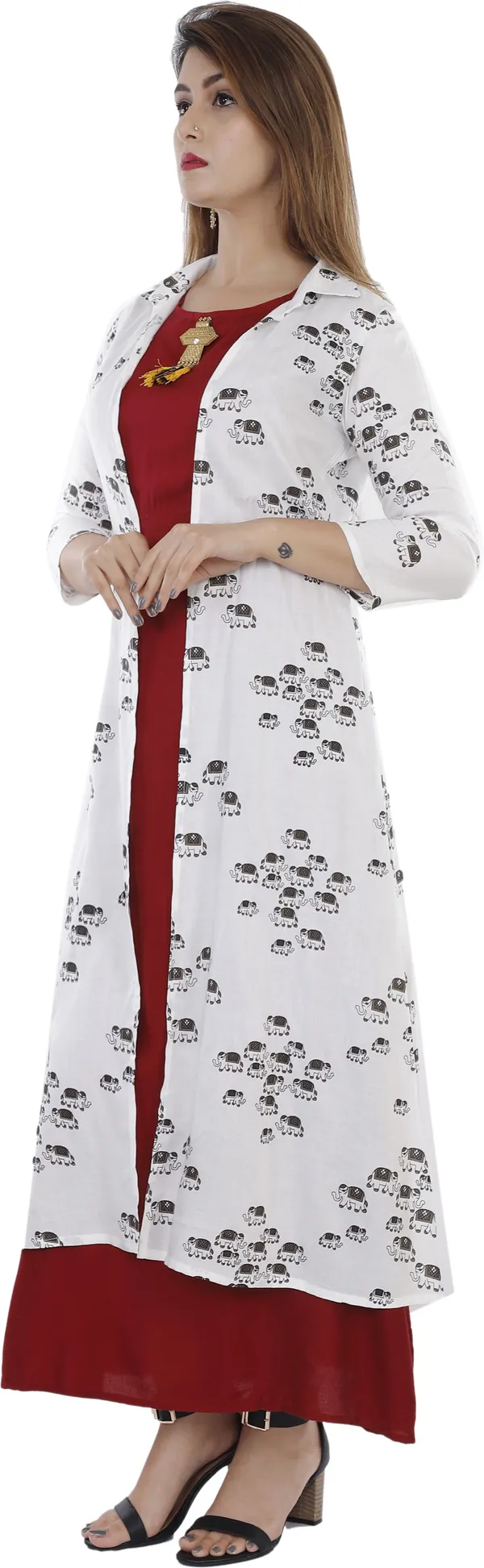 Maroon_Printed_A-Line_Kurta_With_Shrug_For_Women