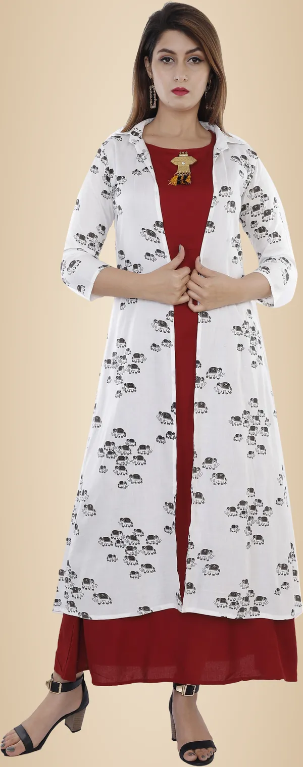 Maroon_Printed_A-Line_Kurta_With_Shrug_For_Women