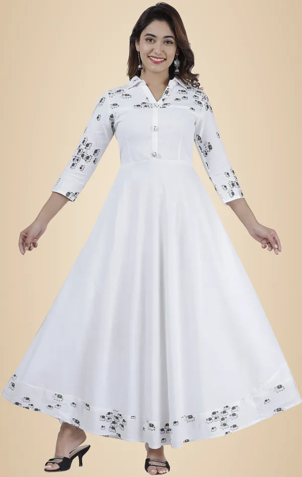 White_Printed_Flared_Kurta_For_Women
