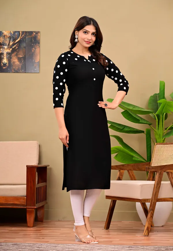 Black_Polka_Print,_Solid_Straight_Kurta_For_Women