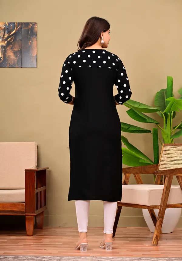 Black_Polka_Print,_Solid_Straight_Kurta_For_Women