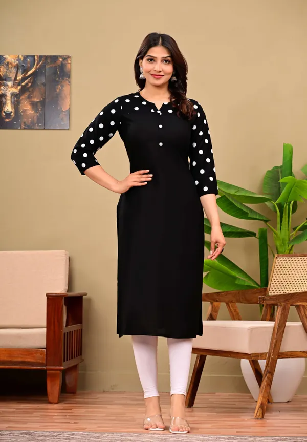 Black_Polka_Print,_Solid_Straight_Kurta_For_Women