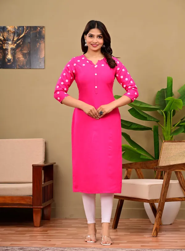 Pink_Polka_Print,_Solid_Straight_Kurta_For_Women