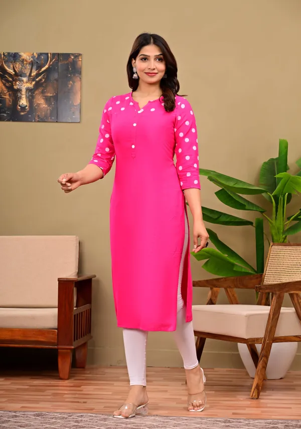 Pink_Polka_Print,_Solid_Straight_Kurta_For_Women