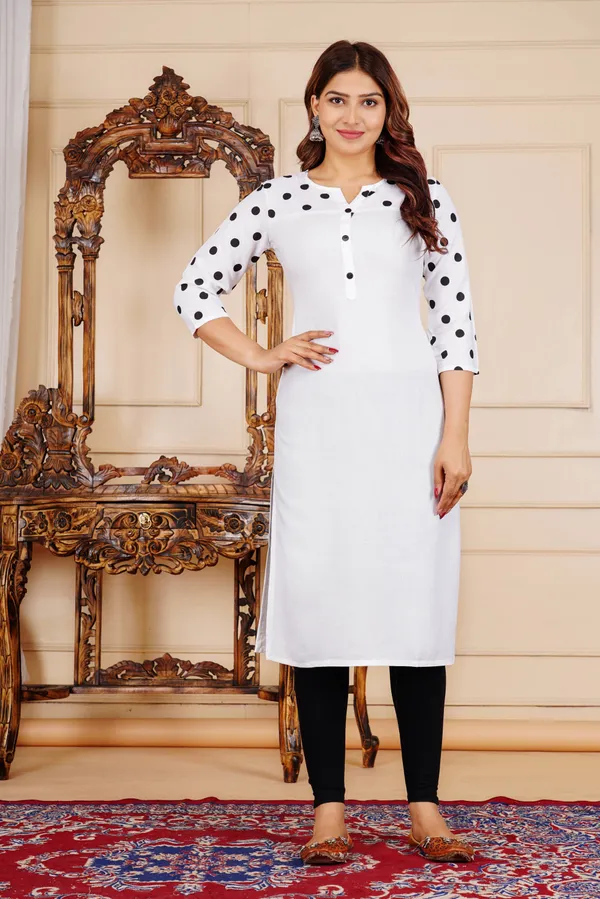 White_Polka_Print,_Solid_Straight_Kurta_For_Women