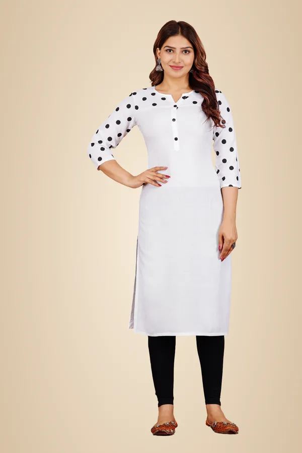 White_Polka_Print,_Solid_Straight_Kurta_For_Women