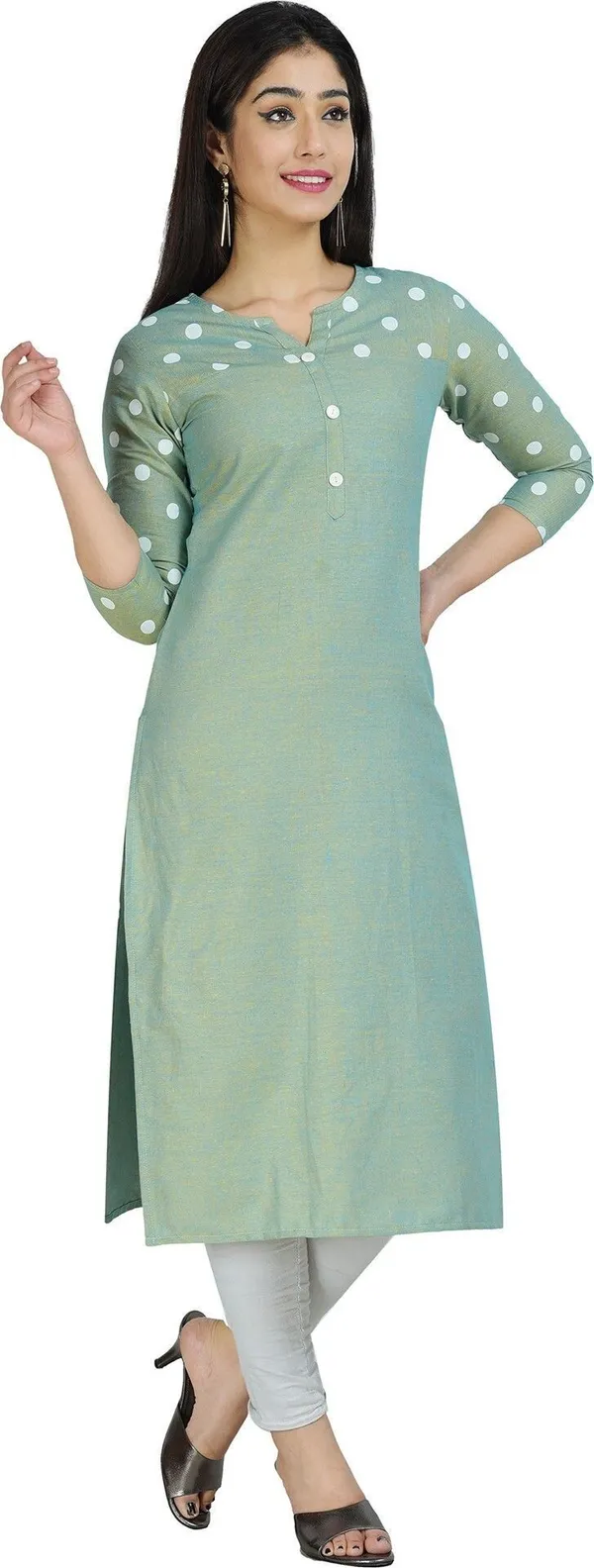 Green_Polka_Print,_Solid_Straight_Kurta_For_Women