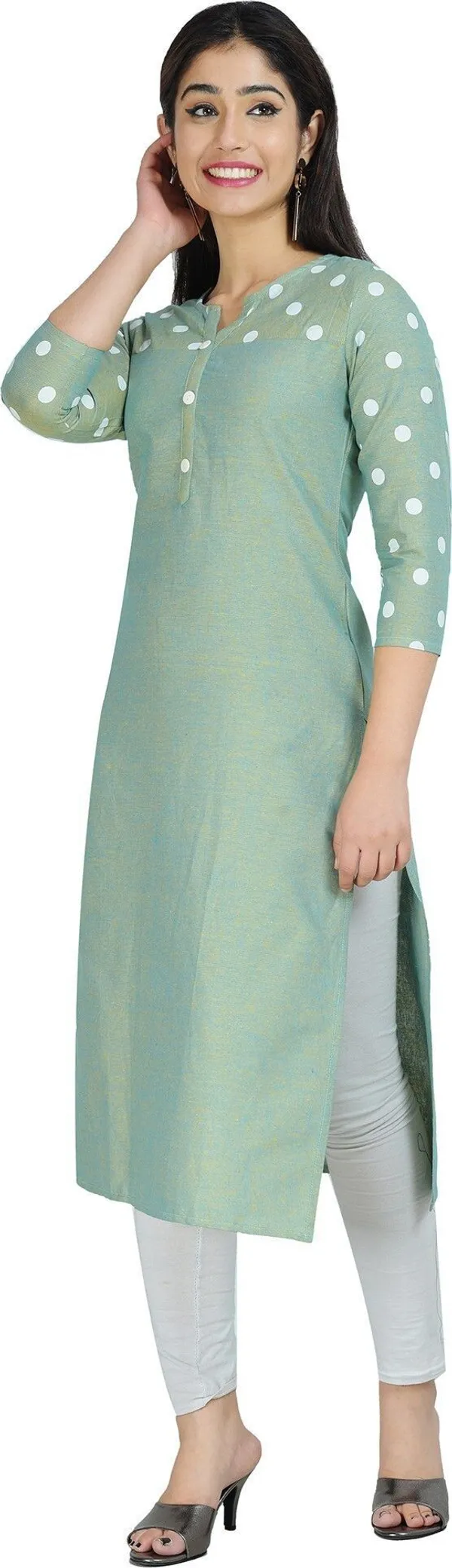 Green_Polka_Print,_Solid_Straight_Kurta_For_Women