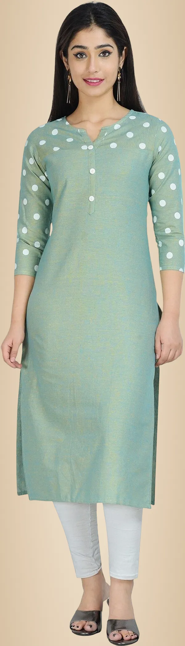 Green_Polka_Print,_Solid_Straight_Kurta_For_Women