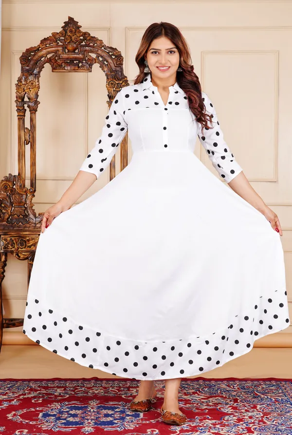 White_Polka_Print_Anarkali_Kurta_For_Women
