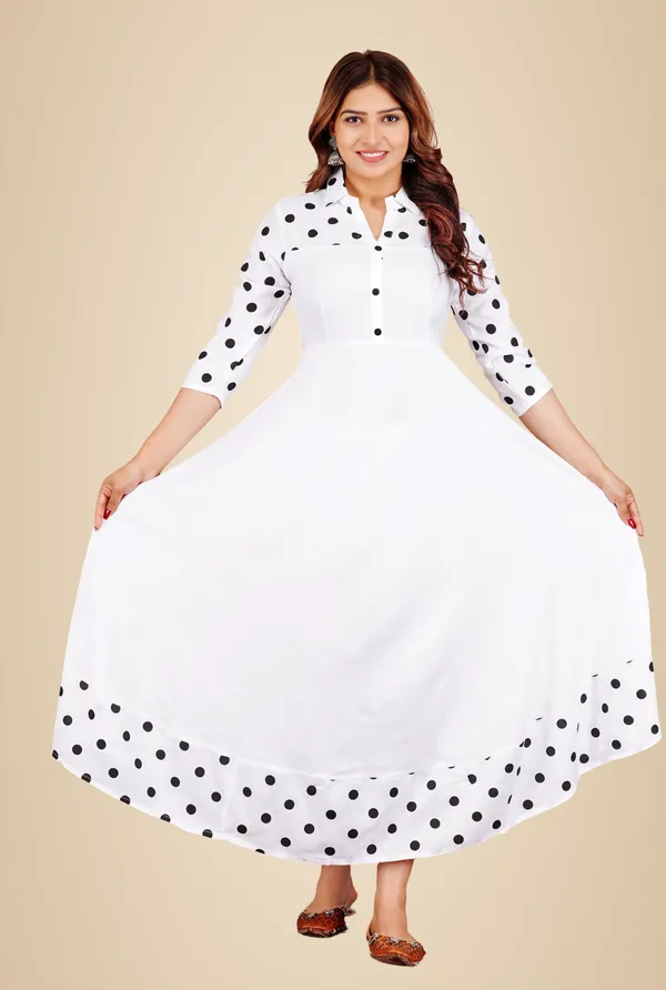 White_Polka_Print_Anarkali_Kurta_For_Women