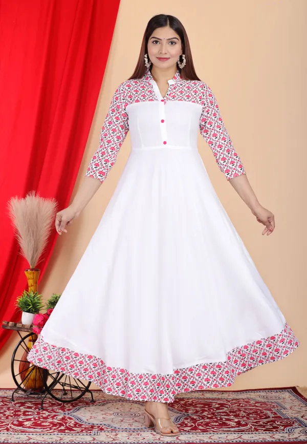 White_&_Pink_Floral_Print_Anarkali_Kurta_For_Women