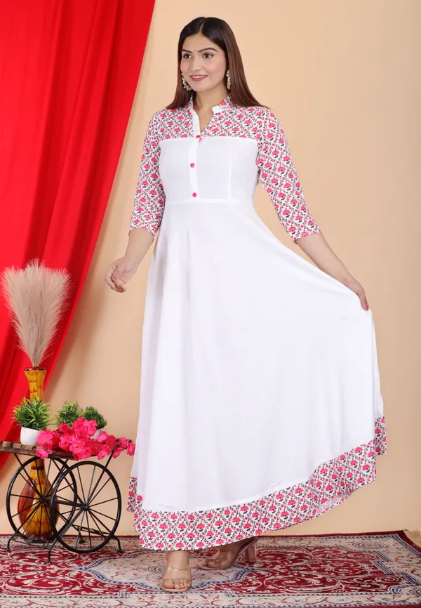 White_&_Pink_Floral_Print_Anarkali_Kurta_For_Women