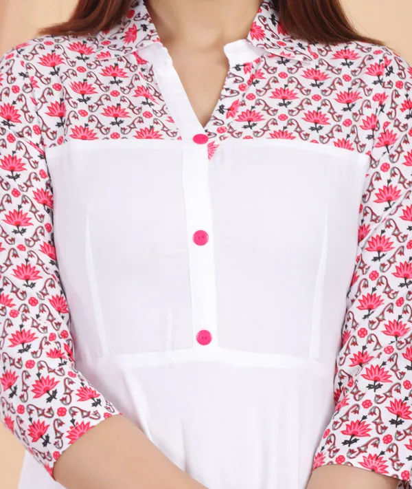 White_&_Pink_Floral_Print_Anarkali_Kurta_For_Women