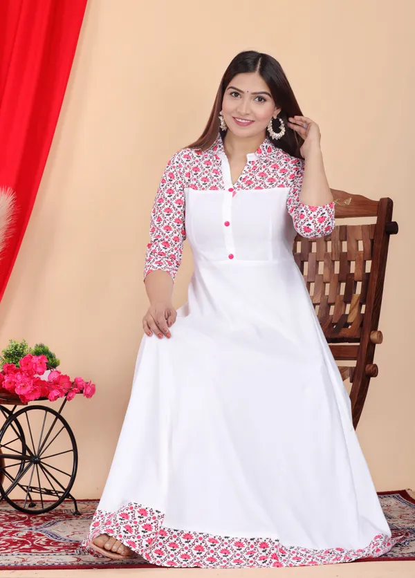 White_&_Pink_Floral_Print_Anarkali_Kurta_For_Women