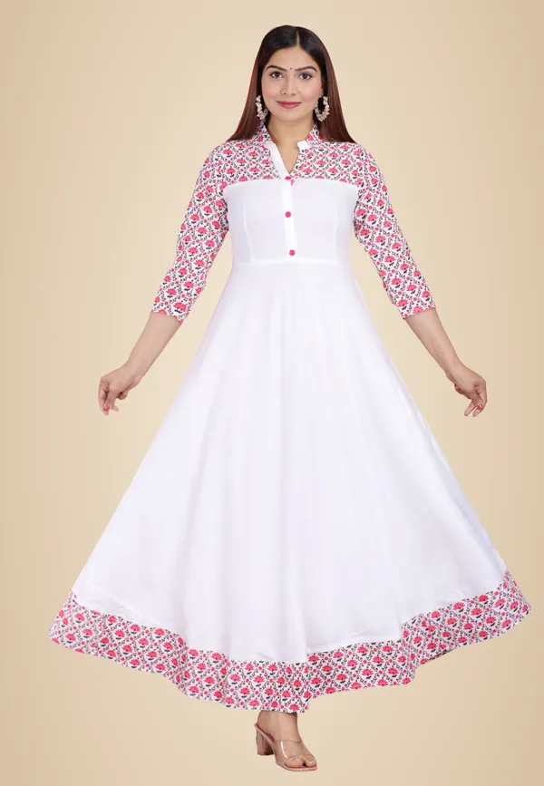 White_&_Pink_Floral_Print_Anarkali_Kurta_For_Women