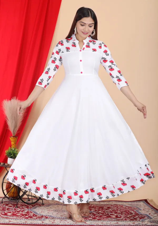 White_Floral_Print_Gown_Kurta_For_Women