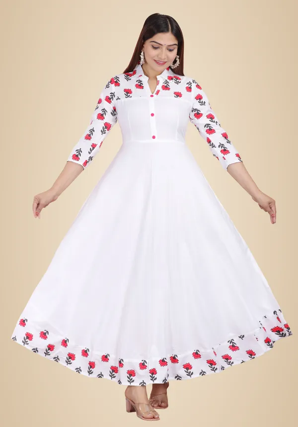 White_Floral_Print_Gown_Kurta_For_Women