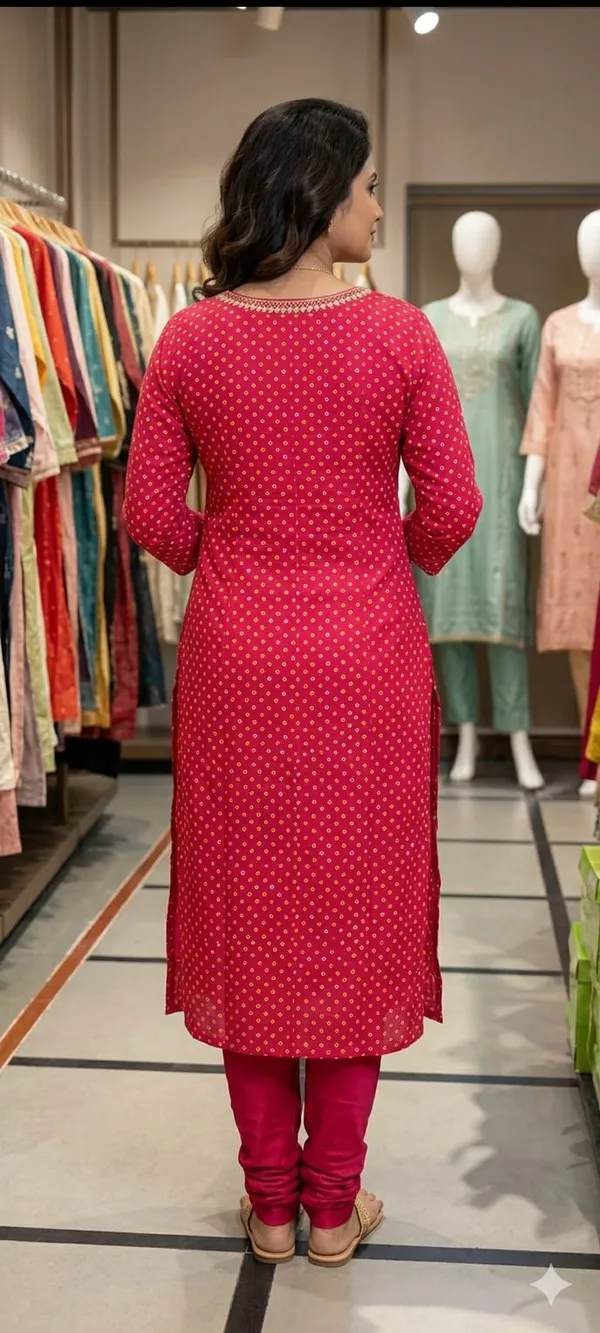Red_Bandhani_Print_Kurti_with_Embroidered_Neckline_For_Women