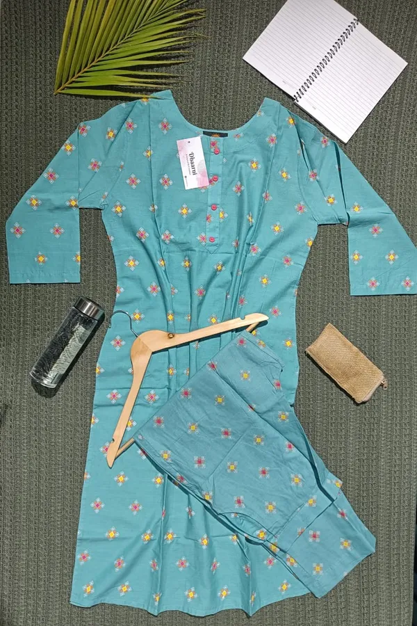 Turquoise_Blue_Floral_Print_Cotton_Kurta_Set_with_Matching_Pants