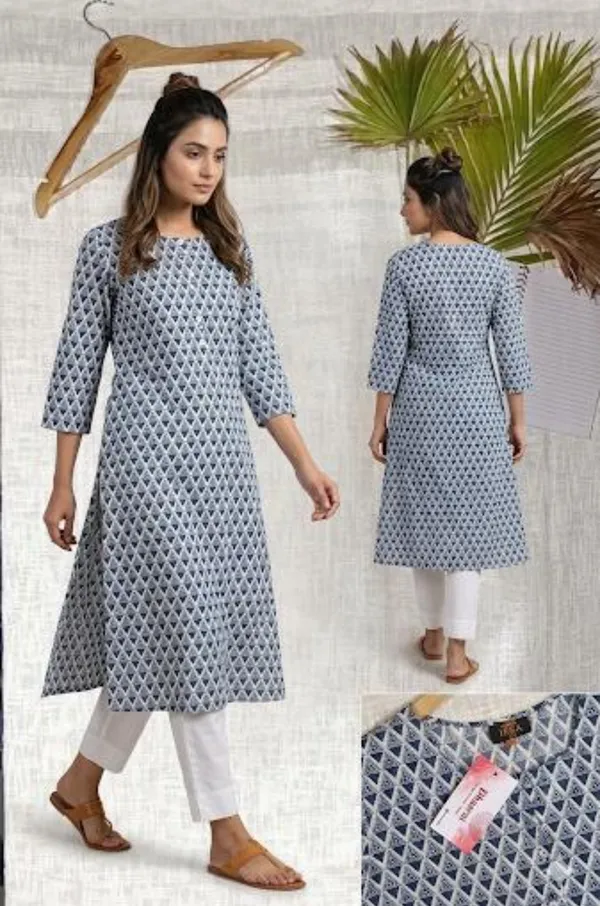 Blue_Block_Print_Cotton_Kurti_with_Three-Quarter_Sleeves