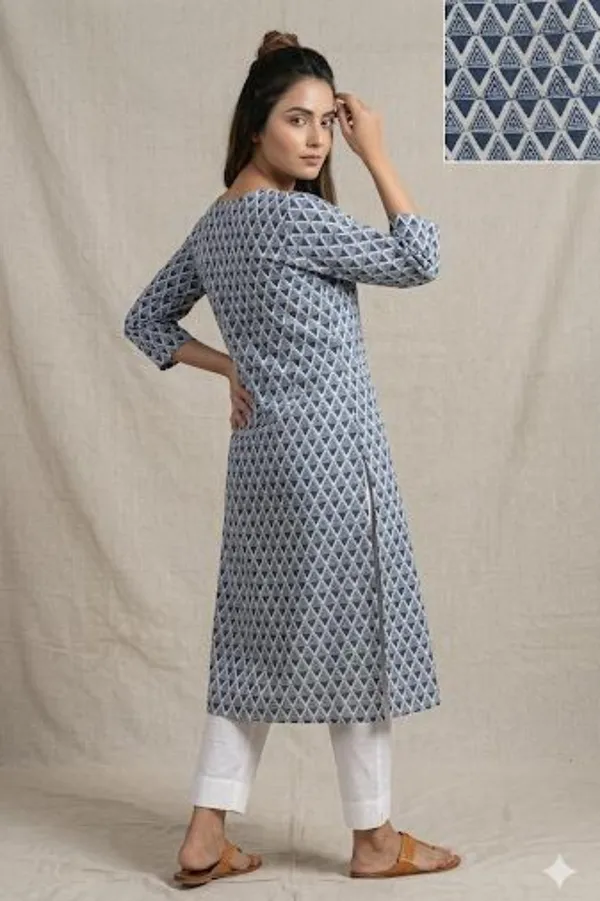 Blue_Block_Print_Cotton_Kurti_with_Three-Quarter_Sleeves