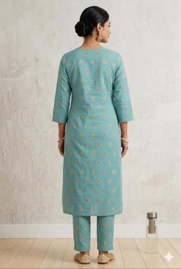 Turquoise_Blue_Floral_Print_Cotton_Kurta_Set_with_Matching_Pants
