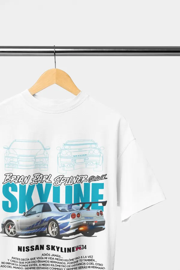 White_Nissan_Skyline_R34_Paul_Walker_Tribute_Oversized_T-Shirt_Premium_French_Terry_Cotton_240_GSM_For_Unisex