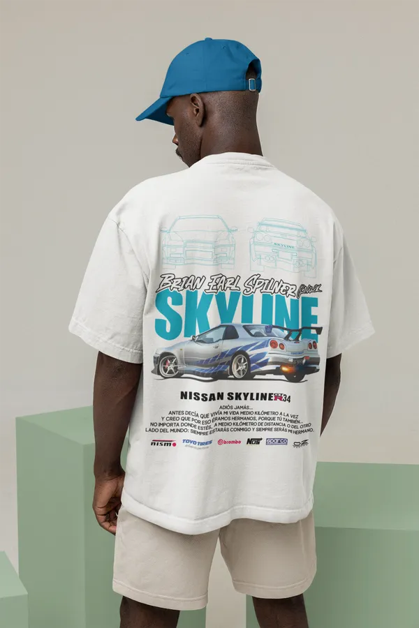 White_Nissan_Skyline_R34_Paul_Walker_Tribute_Oversized_T-Shirt_Premium_French_Terry_Cotton_240_GSM_For_Unisex