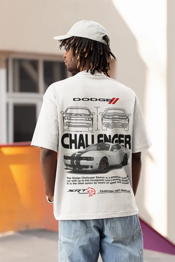 White_Dodge_Challenger_Srt_Hellcat_Oversized_T-Shirt_Premium_French_Terry_Cotton_240_GSM_For_Unisex