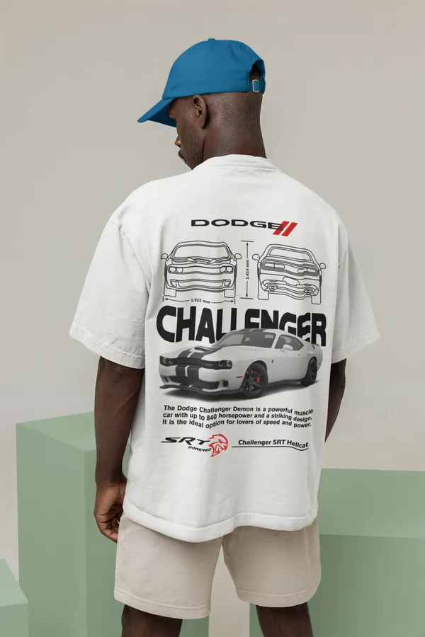 White_Dodge_Challenger_Srt_Hellcat_Oversized_T-Shirt_Premium_French_Terry_Cotton_240_GSM_For_Unisex