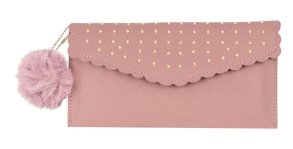 Sai_Amrut_Women's_Gold_Bead_Pattern_Scalloped_Clutch/Purse/Wallet_with_Faux_Fur_Keychain