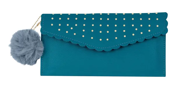Sai_Amrut_Women's_Gold_Bead_Pattern_Scalloped_Clutch/Purse/Wallet_with_Faux_Fur_Keychain