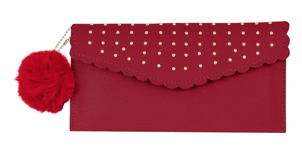 Sai_Amrut_Women's_Gold_Bead_Pattern_Scalloped_Clutch/Purse/Wallet_with_Faux_Fur_Keychain